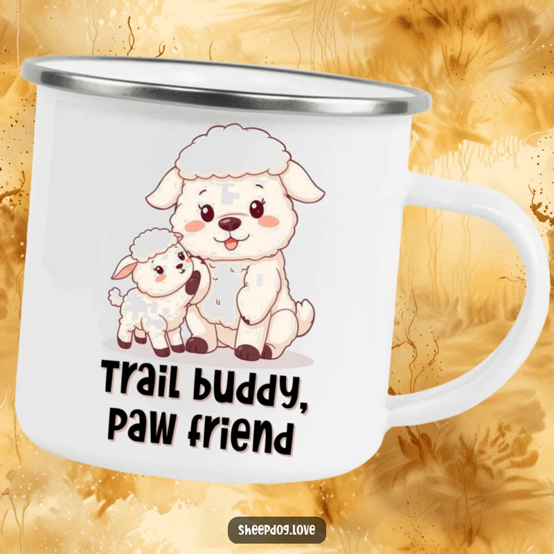 Funny sheepdog offering a paw to a lamb on a camping mug, ideal for outdoor coffee breaks.