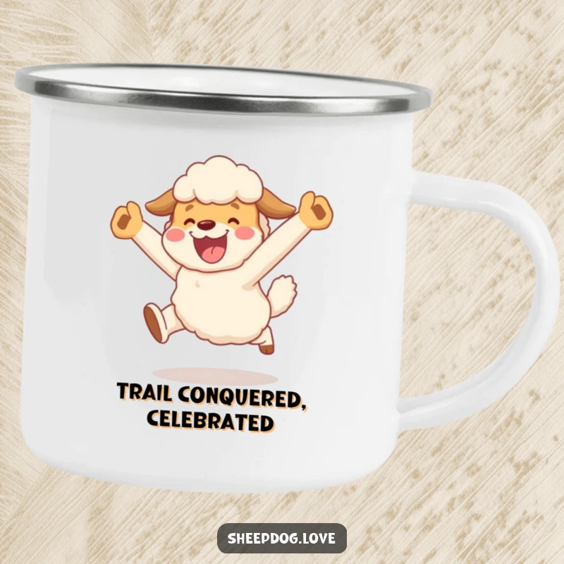 Funny camping mug featuring a sheepdog character in a joyful, celebratory leap after herding, perfect for outdoor fun and funny moments.
