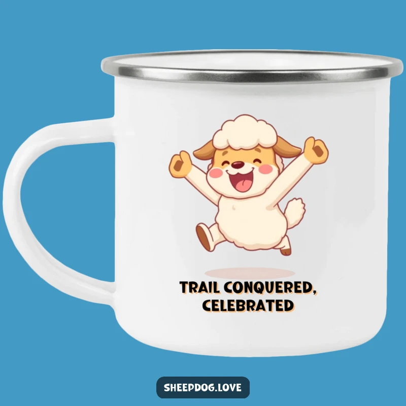 Funny Sheepdog Celebration Camping Mug: Outdoor Victory Leap - Ideal Funny Gift!