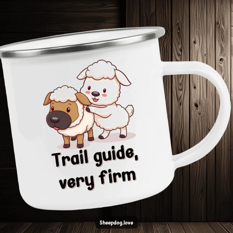 Funny sheepdog camping mug, showing a playful dog nudging a stray sheep back to the flock, ready for fun.