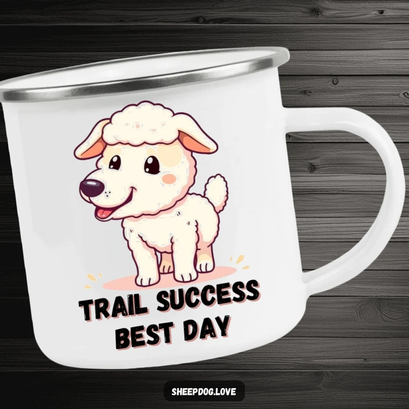 Funny sheepdog camping mug featuring a joyful sheepdog with a wagging tail, ready for outdoor exploration.