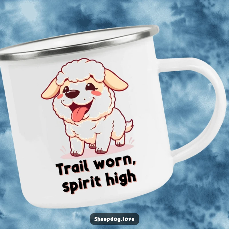 Funny Panting Sheepdog Camping Mug showing a happy sheepdog panting with its tongue out, perfect for post-run drinks outdoors.