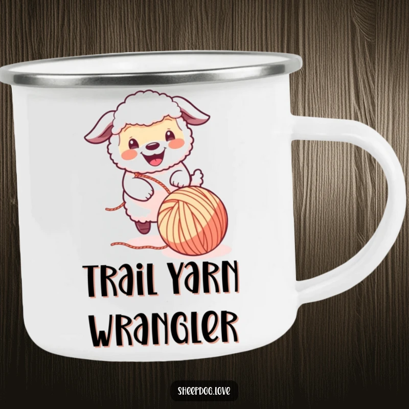 Funny Sheepdog Camping Mug: A joyful sheepdog plays with a ball of yarn, bringing humor and canine spirit to your outdoor beverage enjoyment.