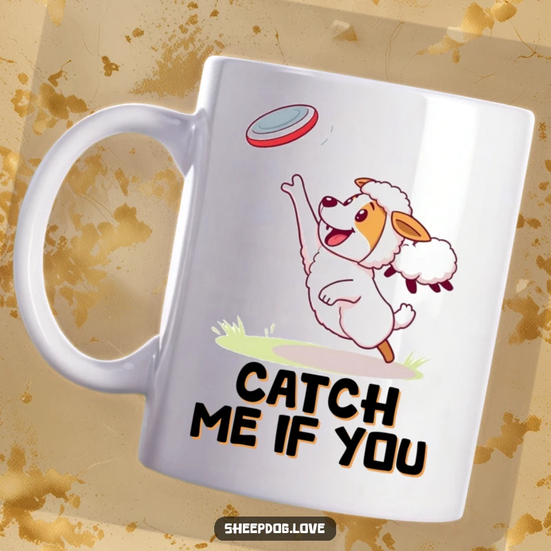 Funny Sheepdog Mug: Energetic sheepdog leaping to catch a frisbee thrown by a sheep, mid-air action.