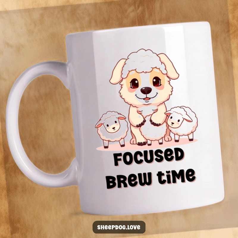 Funny sheepdog mug featuring a playful dog with a focused gaze intently rounding up a few sheep, embodying canine intelligence.