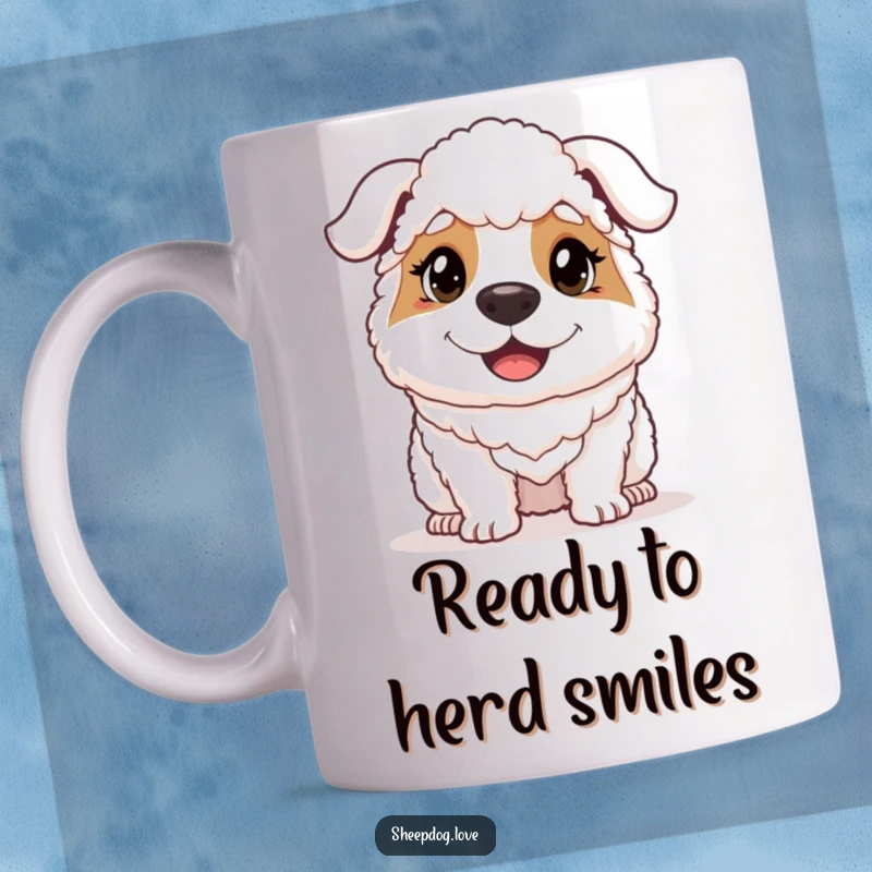 Funny sheepdog with a focused yet joyful expression, staring ahead with endearing determination on a humorous mug.
