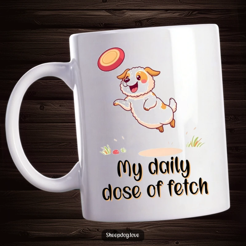 Funny sheepdog mug showing a determined sheepdog leaping high to catch a frisbee with a wide, happy grin.