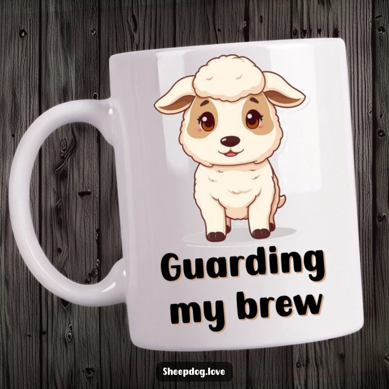 Funny mug showcasing a gentle and protective sheepdog standing guard, a humorous tribute to loyal canine guardians.