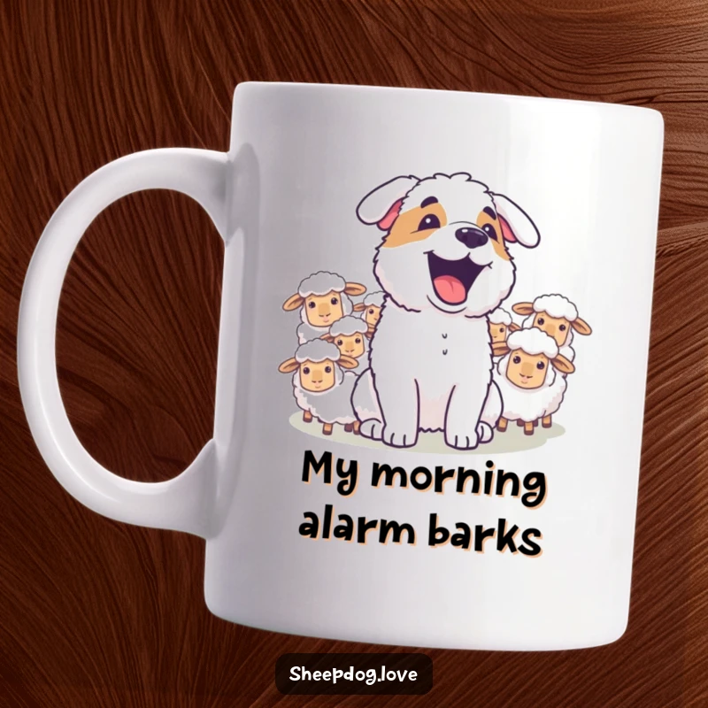 Funny sheepdog joyfully barking at a group of sheep, captured on a humorous mug for dog enthusiasts.