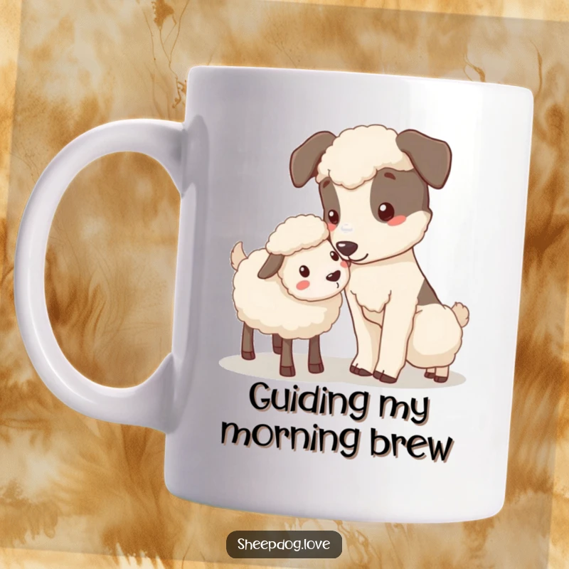 Funny Nudging Sheepdog Mug featuring a kind sheepdog gently nudging a stray sheep with its nose, showing gentle care.