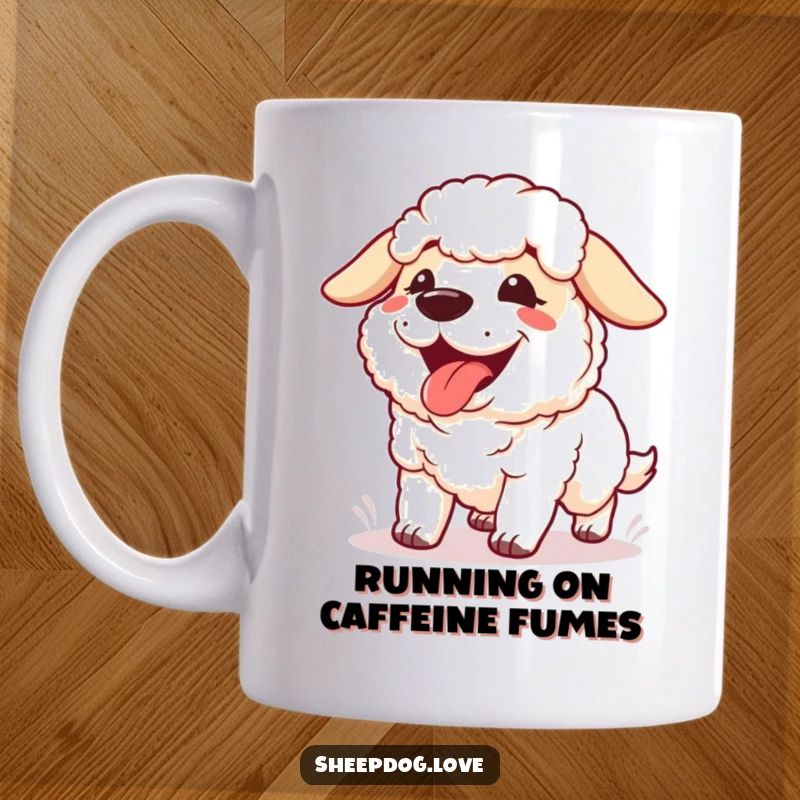 Funny Panting Sheepdog Mug featuring a happy sheepdog showing its tongue, panting contentedly after a vigorous run.