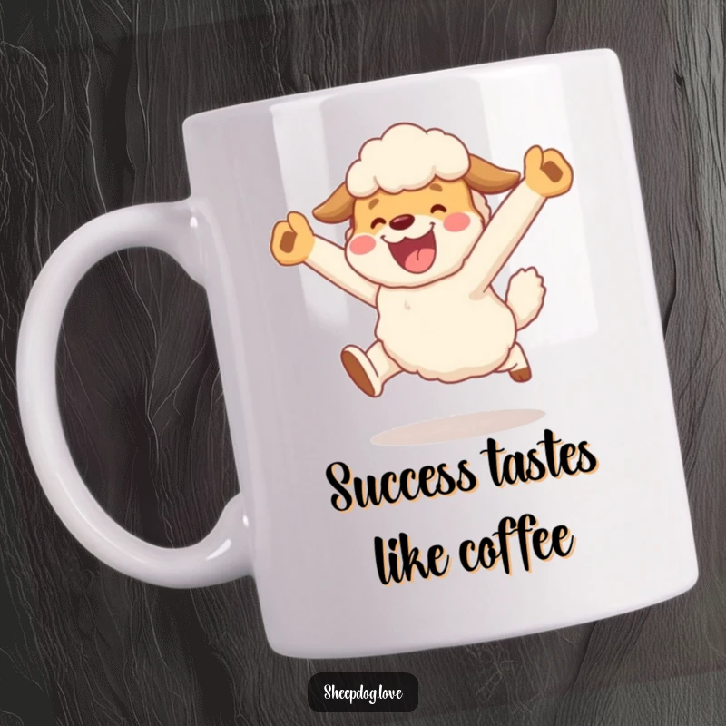 Funny mug depicting a sheepdog character joyfully leaping in celebration after successfully herding its flock, embodying pure funny elation.