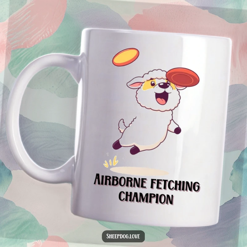 Funny sheepdog mug, a determined dog leaping high in the air to catch a frisbee with energetic focus.