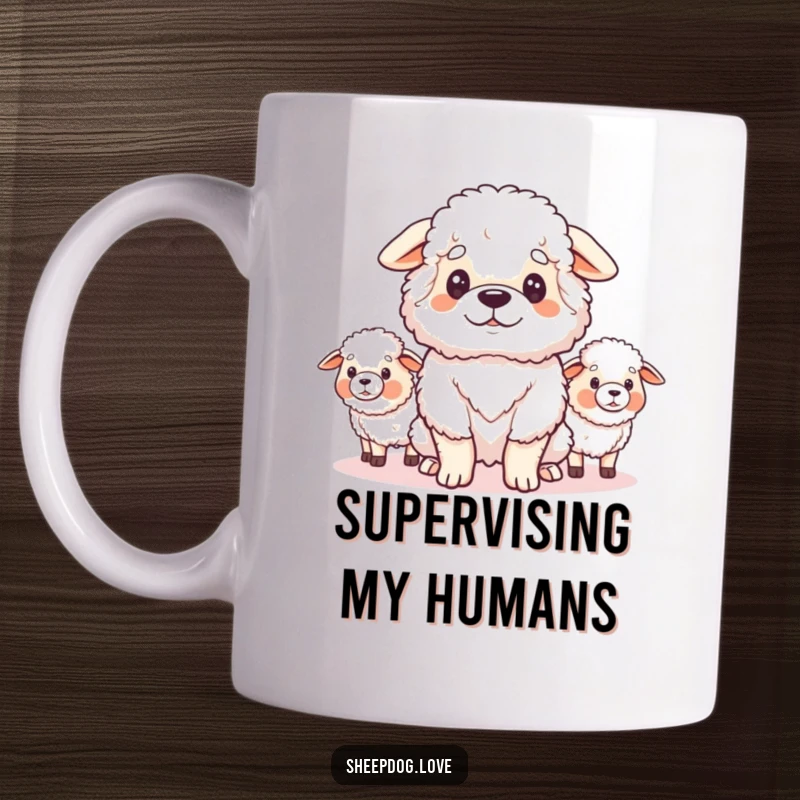 Funny mug depicting a fluffy sheepdog looking proudly and protectively at its flock of sheep, embodying loyalty and humor.