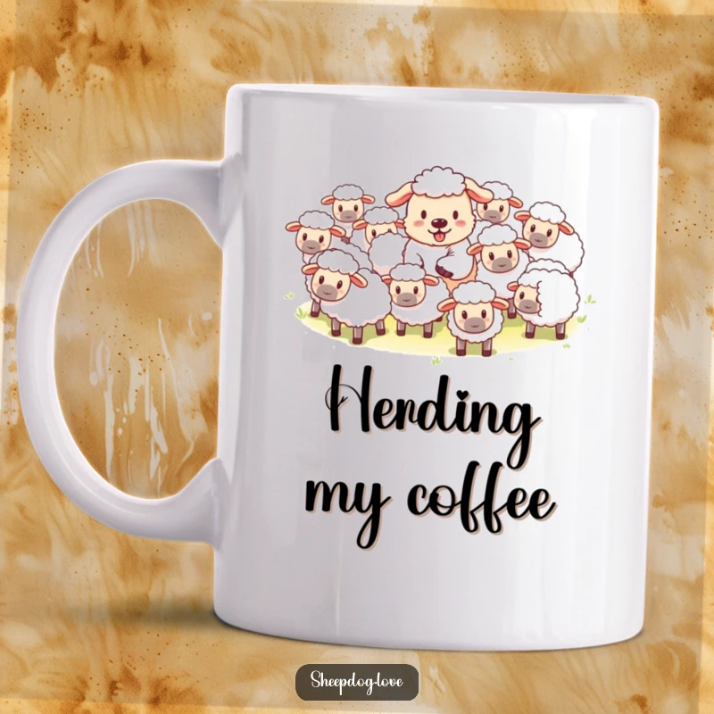 Funny mug featuring a cheerful sheepdog playfully herding a group of fluffy sheep with a happy demeanor.