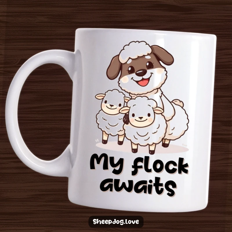 Funny sheepdog herding mug with a determined character focused on fluffy sheep, a cheerful grin on its face.