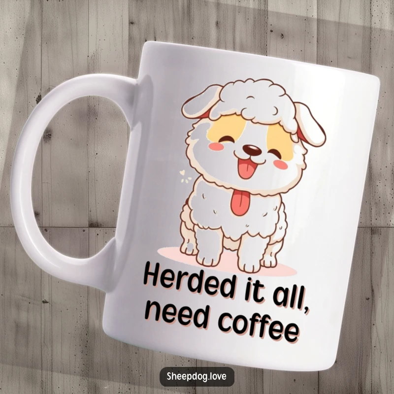 Funny sheepdog mug showing a happy dog panting exhaustedly after a successful herding session, a perfect gift.