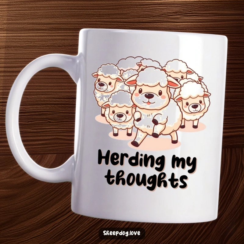 Funny Mug: Fluffy sheepdog expertly herds bouncy, cotton-like sheep, evoking playful chaos and humor, an ideal funny gift.