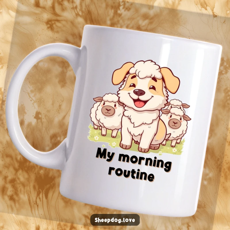 Funny mug featuring a grinning sheepdog expertly herding a flock of fluffy sheep, radiating playful competence.