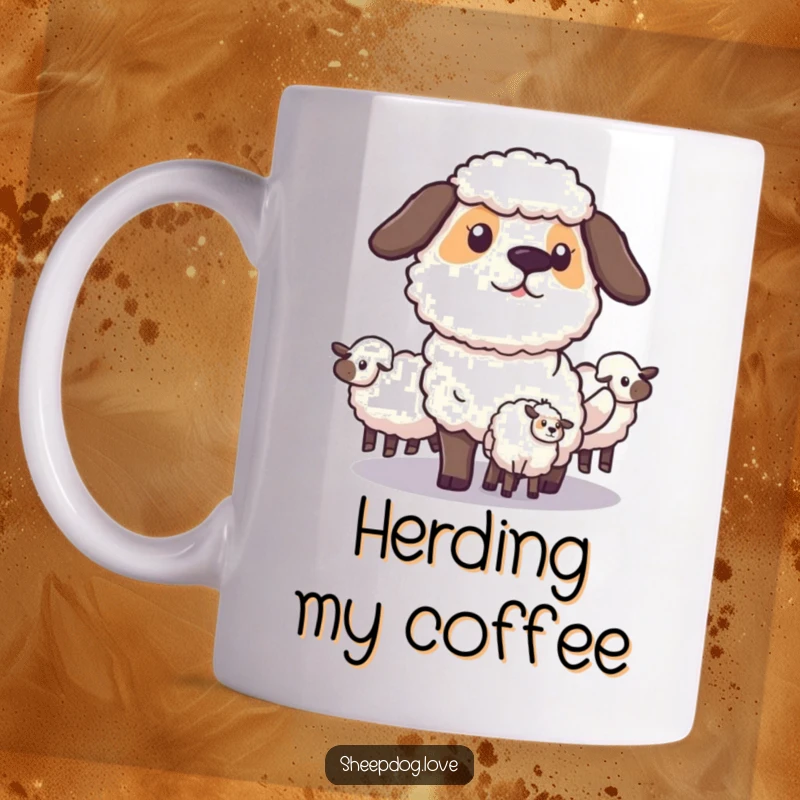Funny Sheepdog Mug: A focused sheepdog strategically positions itself to guide a flock of sheep, showcasing intelligence and dedication, a humorous gift.