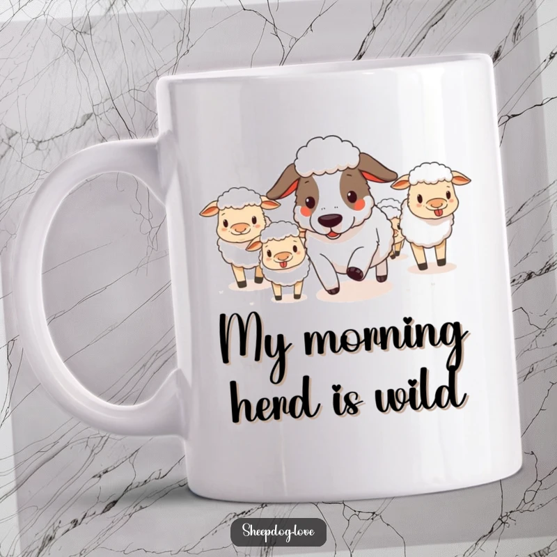 Funny sheepdog herding fluffy, playful sheep across a field, with a determined yet happy expression on the dog's face.