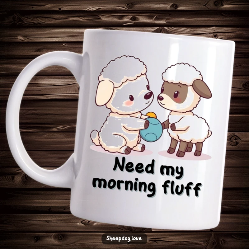 Funny sheepdog character presenting a toy to a curious little lamb on a mug.