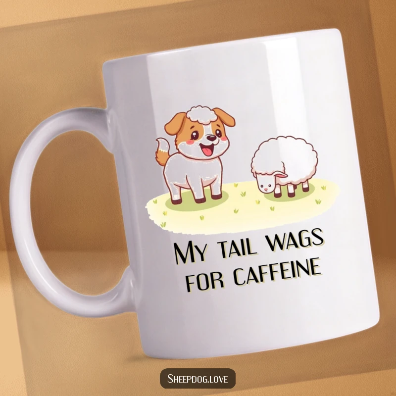Funny Sheepdog mug featuring a joyful dog wagging its tail near a peacefully grazing sheep, capturing a moment of pure farm delight.