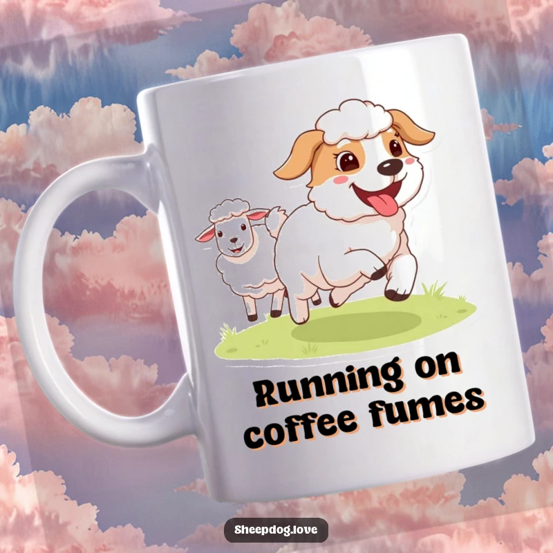 Funny Sheepdog mug with a happy dog sticking its tongue out while running joyfully beside sheep, capturing a moment of pure canine bliss.