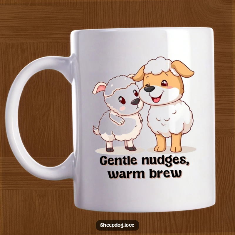 Funny sheepdog nudging sheep mug, a playful dog gently poking a startled sheep with its nose.