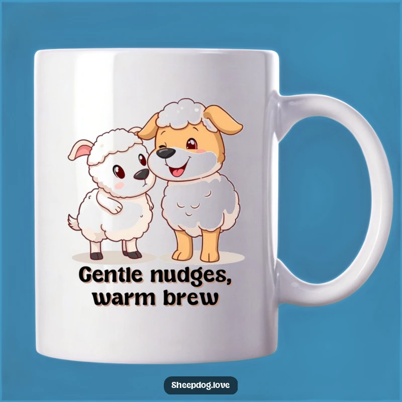 Funny Sheepdog Nudging Sheep Mug, Surprised Farmer Gift