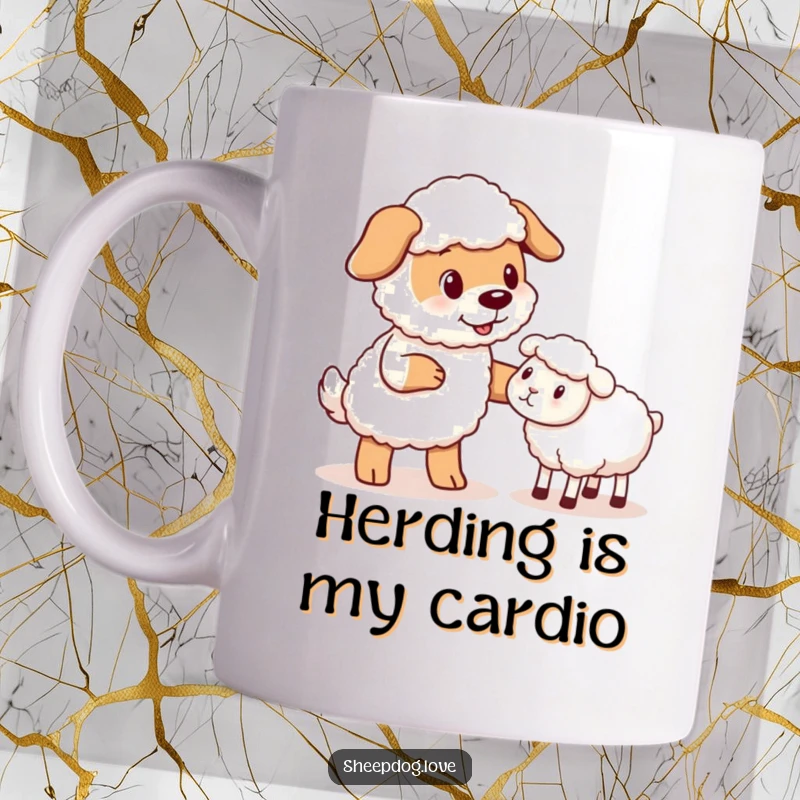 Funny Sheepdog Mug: A loyal sheepdog gently nudges a stray sheep with a friendly expression, capturing playful farm humor.