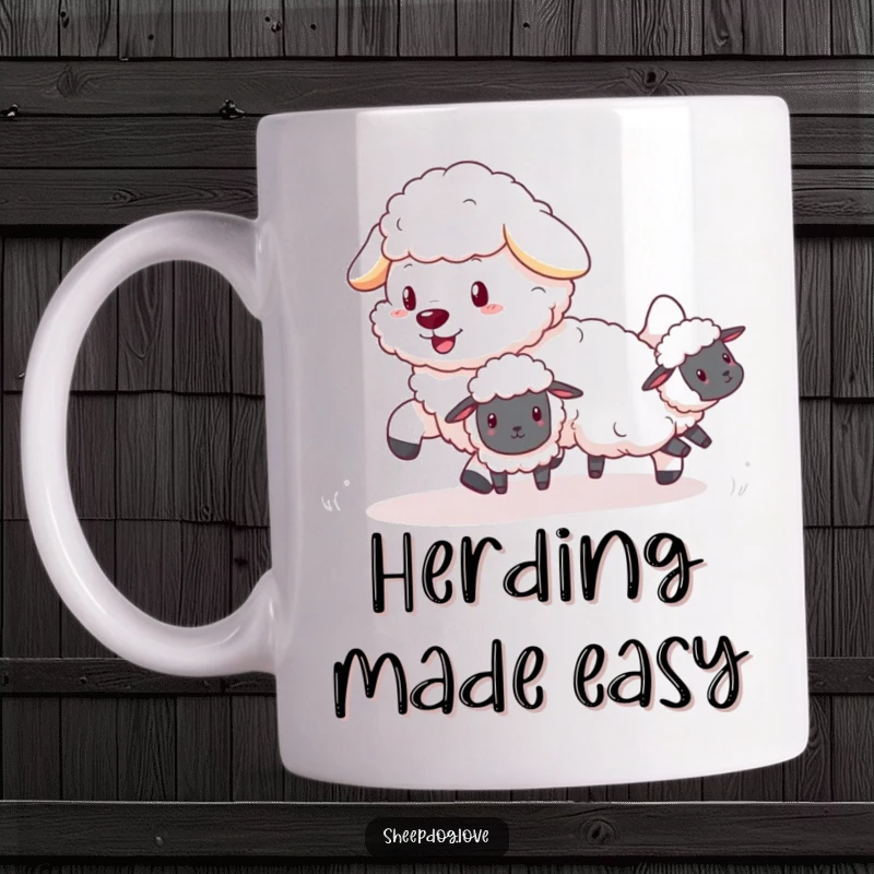 Funny Sheepdog Mug: Fluffy dog playfully herding tiny, bouncy sheep with joyful energy and a wagging tail.