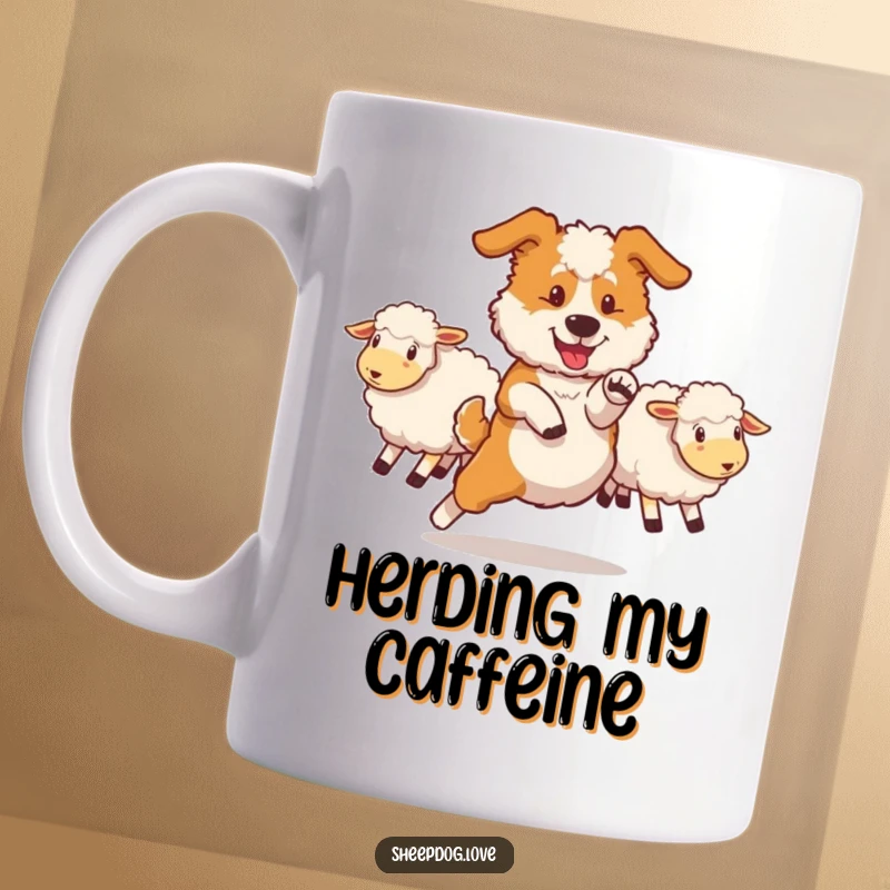 Funny sheepdog mug featuring a dog executing a swift maneuver to redirect sheep, a humorous gift for the action-oriented.