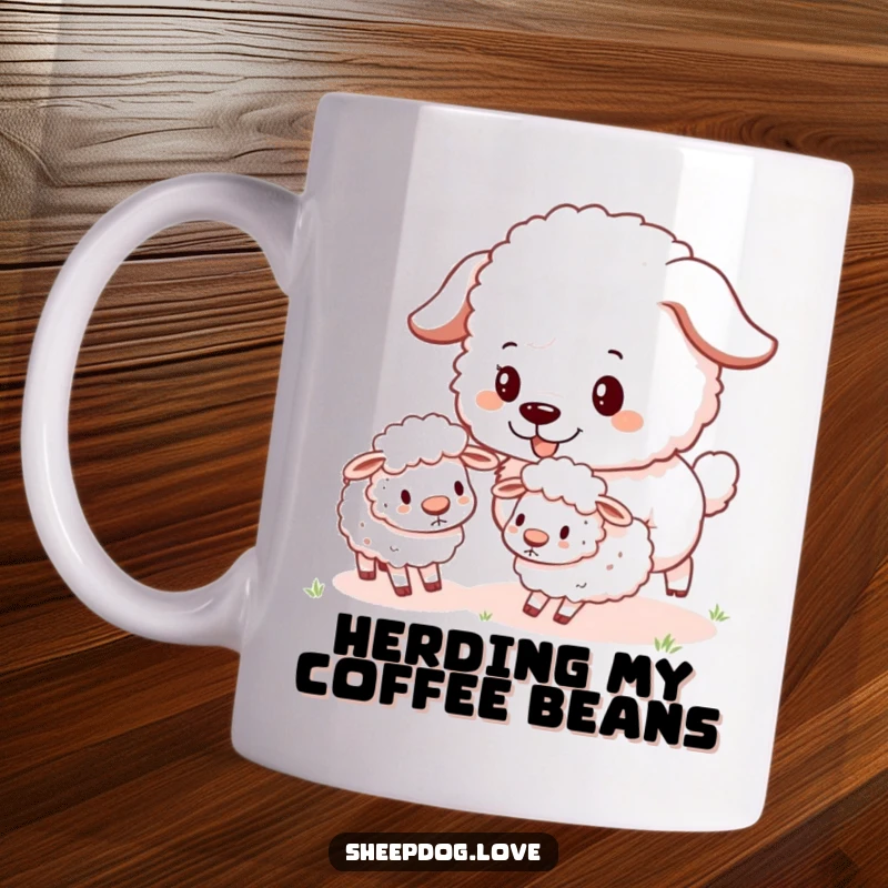 Funny Sheepdog Mug depicting a fluffy sheepdog joyfully herding tiny, bouncy sheep with playful energy.