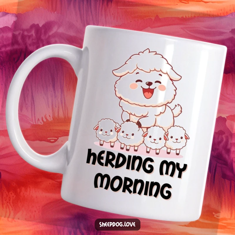 Funny sheepdog mug joyfully herding small fluffy sheep in a line, farm scene, playful guardian, perfect funny gift.