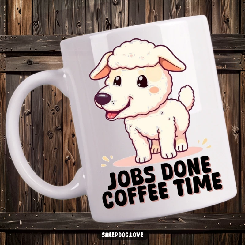 Funny sheepdog mug showing an overjoyed sheepdog wagging its tail vigorously after a triumphant round-up, radiating pure happiness.