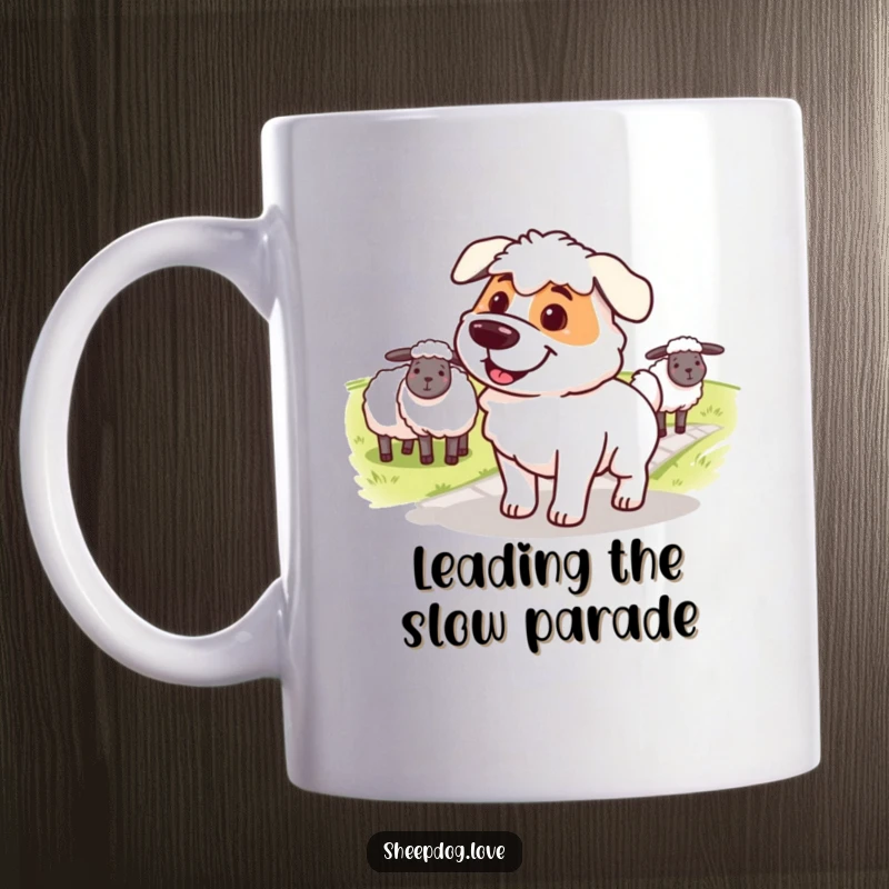 Funny sheepdog mug, a smiling dog with a determined expression, guiding sheep across a path with focus.