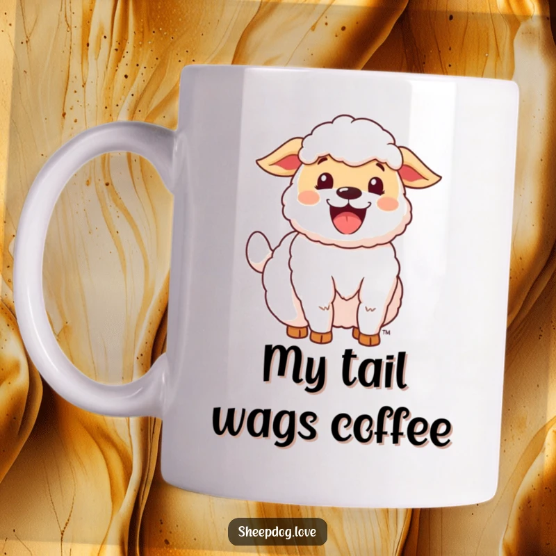 Funny Happy Sheepdog Mug featuring a joyful sheepdog with its tail wagging enthusiastically, radiating pure happiness.