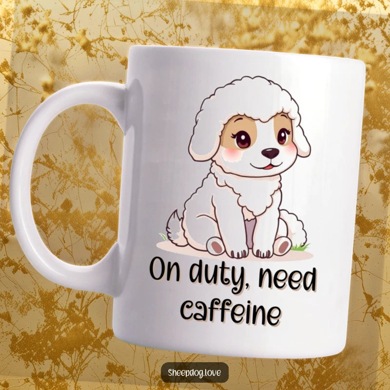 Funny sheepdog mug showing a calm dog sitting and attentively watching over sheep, a symbol of loyalty.