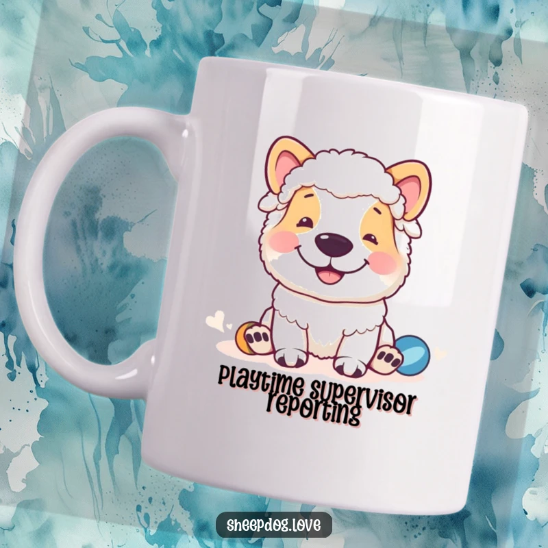 Funny sheepdog mug with a smiling sheepdog watching over playful sheep, capturing a hilarious moment of farm oversight.