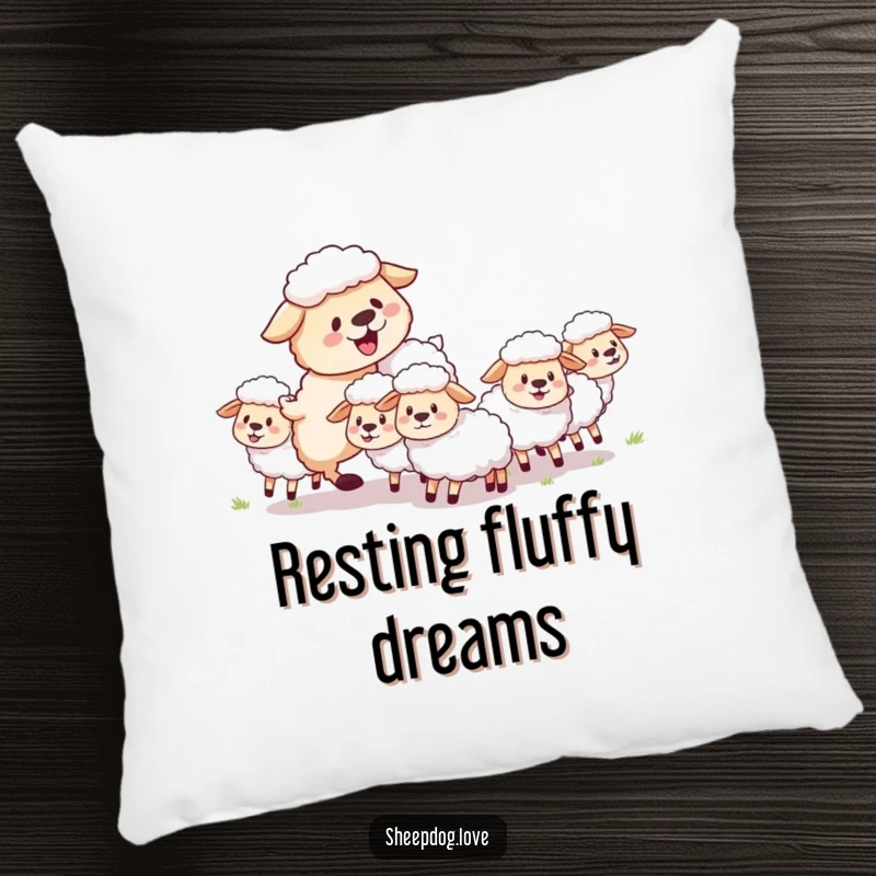 Funny sheepdog pillow featuring a fluffy herding dog joyfully guiding sheep with playful energy, offering comfort and a touch of canine happiness.