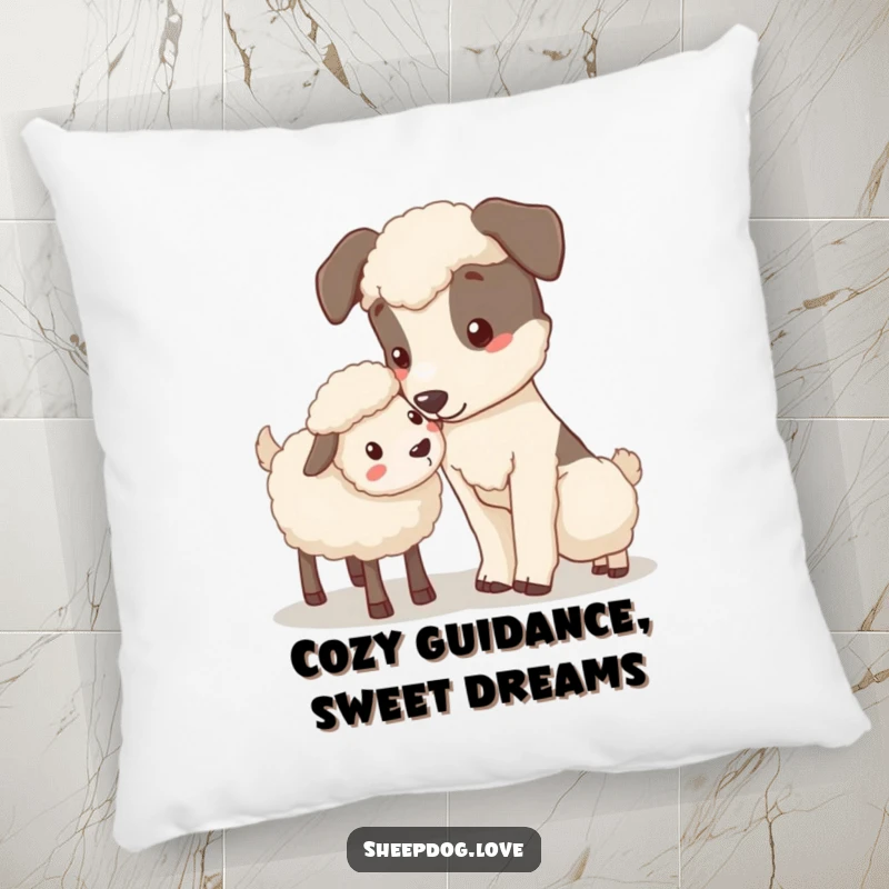 Funny Nudging Sheepdog Pillow featuring a sheepdog gently nudging a stray sheep, symbolizing comfort and tender care.