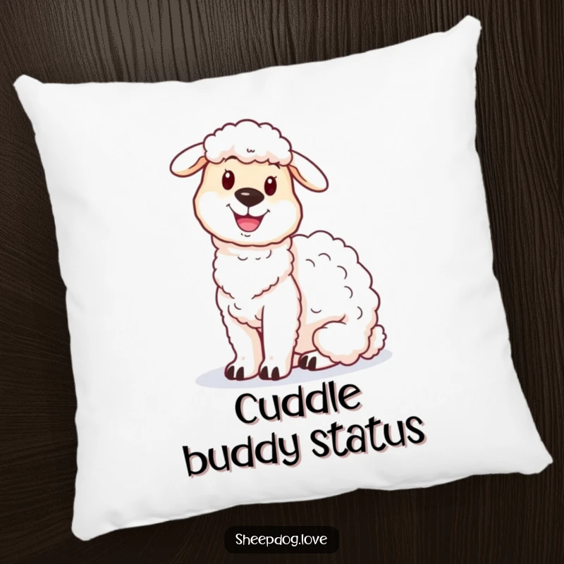 Funny sheepdog pillow showing a proud sheepdog resting contentedly next to a soft, fluffy sheep.