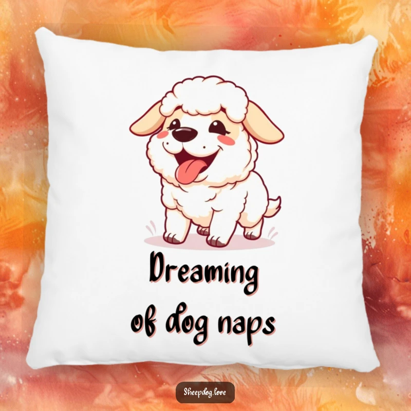 Funny Panting Sheepdog Pillow featuring a happy sheepdog panting with its tongue out, symbolizing relaxation after activity.