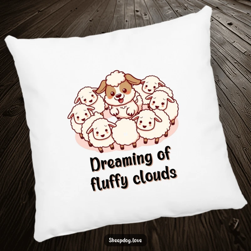 Funny pillow with an energetic kawaii sheepdog herding fluffy sheep in a circle, offering comfort and a dose of adorable humor.