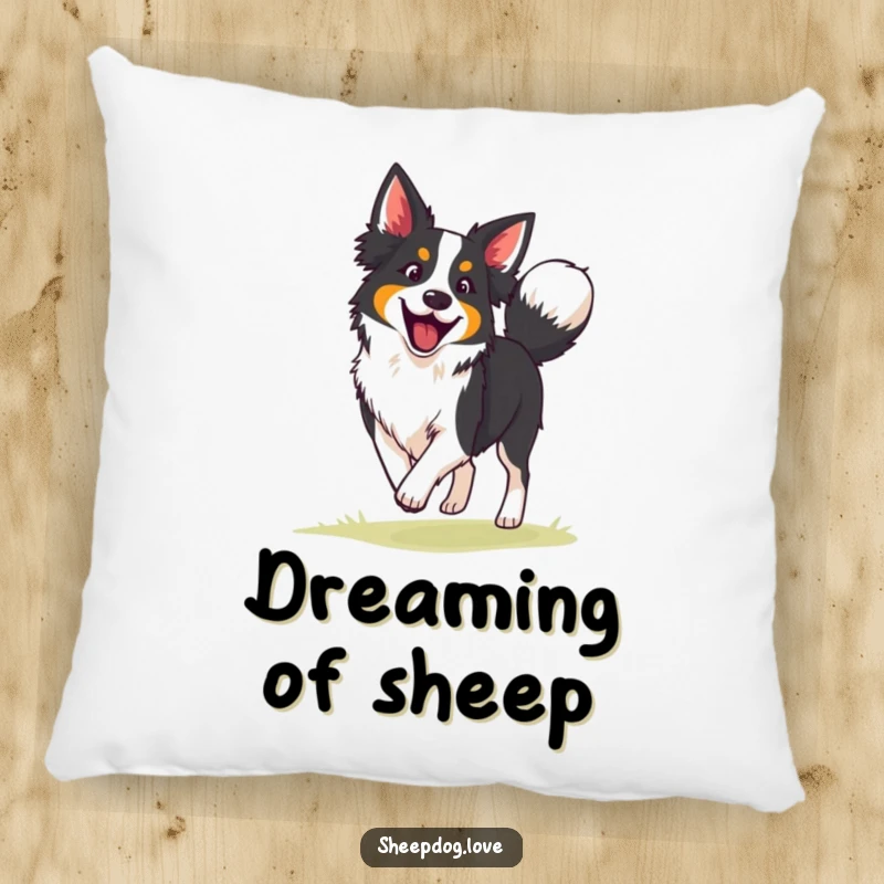 Funny border collie pillow featuring an enthusiastic herding dog with its tail wagging, offering comfort and a touch of canine joy.