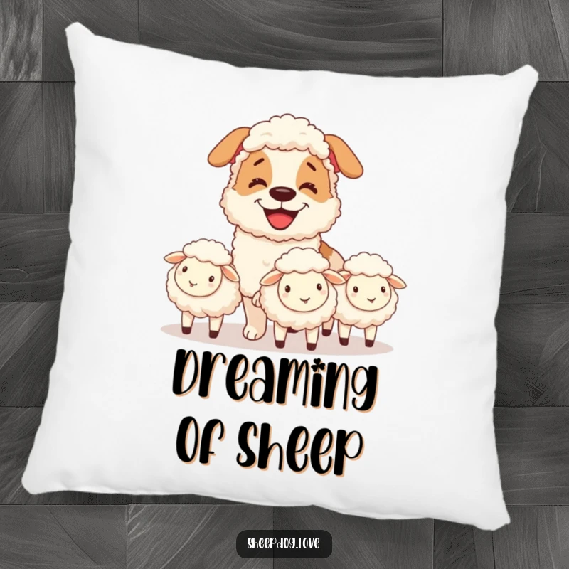 Funny decorative pillow with a grinning sheepdog herding sheep, providing comfort and a humorous touch to any space.