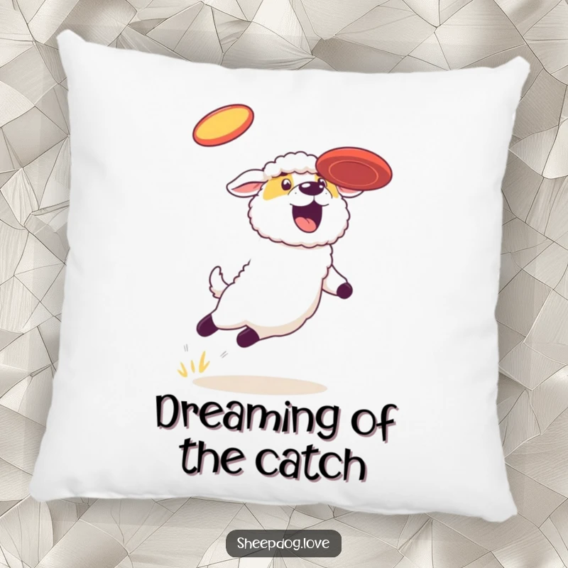 Funny sheepdog pillow, a plush cushion showing a dog leaping with gusto to snag a frisbee, radiating pure fun.