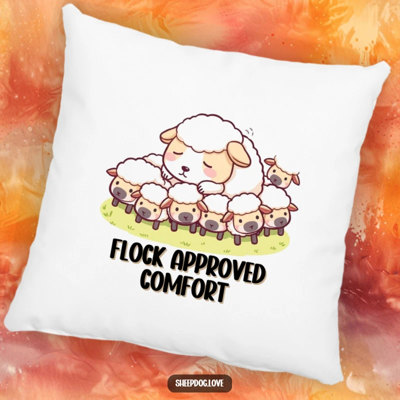 Funny Sheepdog Pillow with a peaceful sheepdog asleep among its flock, offering comfort and charm.