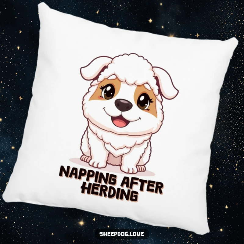 Funny sheepdog’s determined and happy face as a decorative pillow, perfect for adding humor and comfort.